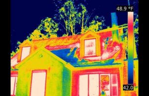 Missing attic insulation 0 300x193 - Thermal imaging shows hot areas on roof where missing attic insulation lets heat escape - Infrared Imaging Services LLC